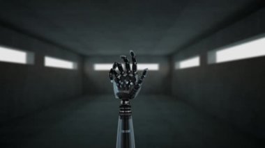 Boş bir odada dönen robot kolunun dijital animasyonu. El yavaşça kapanır ve avucunu açar.