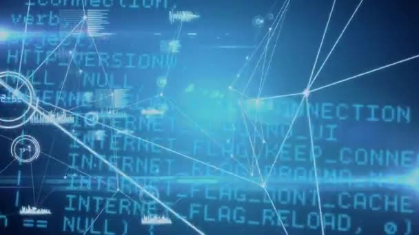 Animation numérique de graphiques et de statistiques avec des codes de programme. Réseau de lignes lumineuses sont visibles au premier plan 