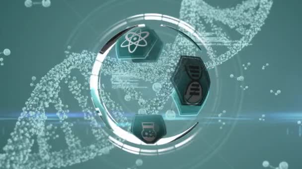 Tıp Bilimi Simgelerinin Dünya Çapında Şekillenmiş Dijital Animasyonu Arkasında Molekülleri — Stok video