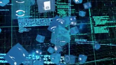 Internet simgeleri ve sembolleri karanlık arka plan karşı düşen küpleri dijital animasyon. Program kodları arka planda hareket ediyor.
