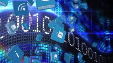 Parlak bir arka plan üzerinde düşen internet simgeleri ve sembolleri dijital animasyon. İkili kodlar dijital işaret panosunda hareket ediyor
