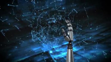 Bağlı çizgiler ve noktalarla dolu bir arka plan ile robot kol dijital animasyon. Sosyal medya aboneliğini gösterir