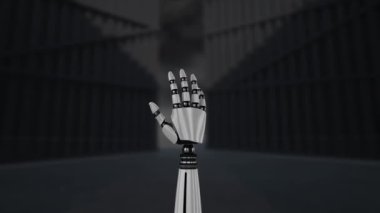 Büyük kapılar dışında robot kol dijital animasyon. El yavaşça kapanır ve avucunu açar.