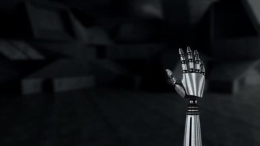 Bir stok odasında robot kol dijital animasyon. El yavaşça kapanır ve avucunu açar.