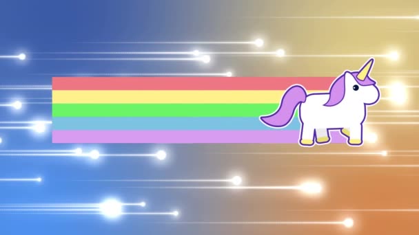 Animasi Digital Unicorn Berjalan Layar Meninggalkan Pelangi Latar Belakang Dipenuhi — Stok Video