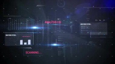 Bilgisayar kodları ve grafiklerle dolu bir ekranın dijital animasyonu. Arka plan parlayan ışıklar ile siyah.