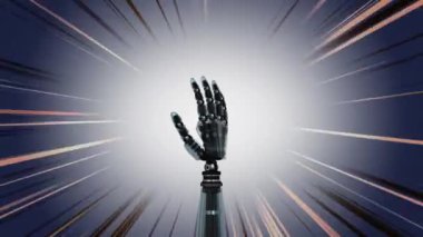 Parlayan efektlerle dönen bir robot kolunun dijital animasyonu. El yavaşça kapanır ve avucunu açar..