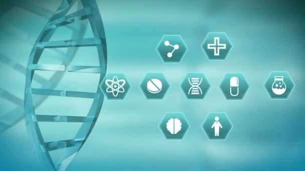 Digitale Animation Der Dna Helix Die Neben Medizinwissenschaftlichen Symbolen Sechsecken — Stockvideo