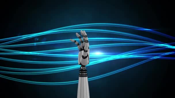 Цифрова Анімація Роботизованої Руки Обертається Фоні Блискучими Нитками Світла Рука — стокове відео