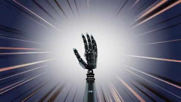 輝く効果で回転するロボットアームのデジタルアニメーション 手がゆっくりと閉じて手のひらを開く — ストック動画