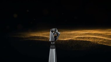 Robot kolunun dijital hareketli su ile arka plana dönüşmesinin dijital animasyonu. El yavaşça kapanır ve avucunu açar..