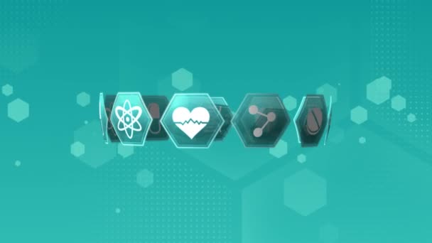 Digital Animering Medicinska Vetenskaps Symboler Bakgrunden Har Hexagon Formade Bokeh — Stockvideo