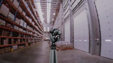 Depoda dönen bir robot kolunun dijital animasyonu. El yavaşça kapanır ve avucunu açar..