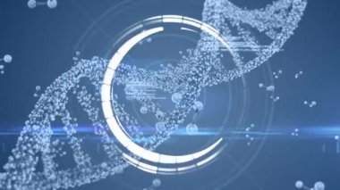 Kodları ve yanıp sönen ışık efekti ile dönen bir Dna sarlisinin dijital animasyonu. Arka planda genişleyen eşmerkezli daireler vardır.