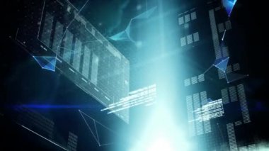 Grafikler ve istatistikler ile ekranların dijital animasyon. Arkasında dönen bir küre ve bağlantı hatları hareket ediyor.