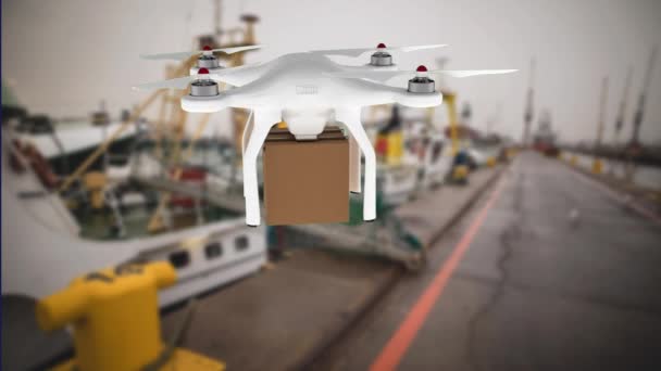 Animasi Digital Drone Membawa Paket Pelabuhan Latar Belakang Kabur — Stok Video