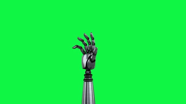 緑色の背景に移動するロボットアームのデジタルアニメーション 手がゆっくりと閉じて手のひらを開く — ストック動画