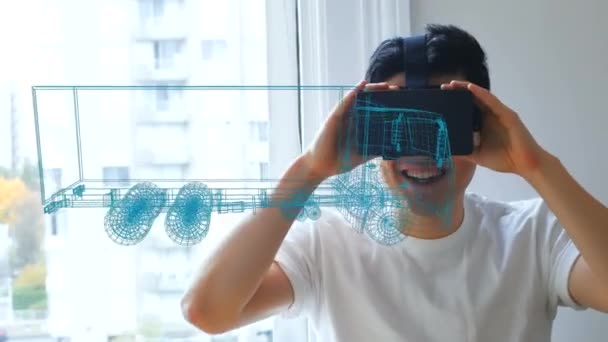 Digital Animation Caucasian Man Using Virtual Reality Headset While Viewing — Stock Video