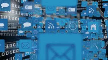 İnternet simgeleri ve sembolleri dijital animasyon. İkili kodlar arka planda hareket ediyor