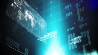 Arayüz kodları ve grafiklerle dolu bir ekranın dijital animasyonu. Arka planda parlayan ışık efektleri vardır. Küreyi ve bilgileri gösteren arayüz.