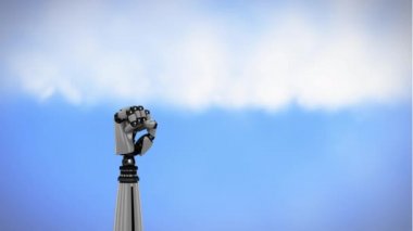 Gökyüzü arka planında dönen bir robot kolunun dijital animasyonu. El yavaşça kapanır ve avucunu açar..