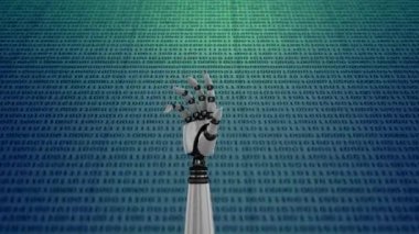İkili kodlarla dolu arka planda robot elin dijital animasyonu. El yavaşça kapanır ve avucunu açar.