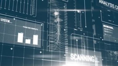 Koyu mavi arka plan karşısında sola hareket eden kodlar içeren grafikler ve istatistikler içeren bir ekranın dijital animasyonu.