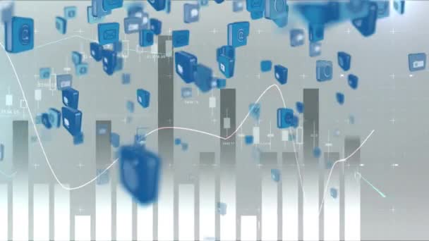 Animation numérique des icônes et symboles Internet se déplaçant vers le haut avec des graphiques à barres et lignes. Le fond est blanc .