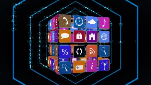 Цифровая Анимация Иконок Символов Интернета Кубе Вращающемся Черным Фоном Заполненным — стоковое видео
