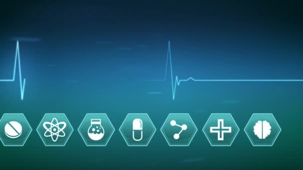 出现在蓝色背景上的医学科学符号的数字动画 生命线在屏幕上移动 — 图库视频影像