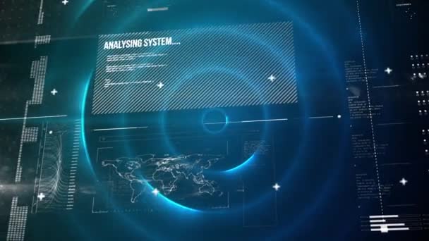 Цифровая Анимация Экрана Кодами Интерфейса Графиками Фон Синий Концентрическими Кругами — стоковое видео