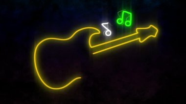 Bir gitar dijital animasyon müzik notaları ile led ışık şeklinde. Arka plan koyu