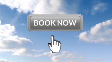 Kitabın dijital animasyonu şimdi düğmeye bir el simgesi ona doğru işaret ediyor. Arka plan parlak bulutlu bir gökyüzü.