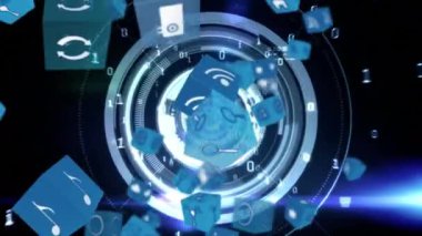 İkili kodları ile gökyüzünden bırakarak internet simgeleri ve sembollerin dijital animasyon. Arka planda eşmerkezli halkalar vardır.