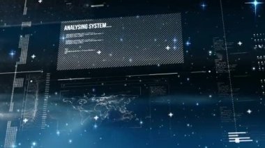 Kodlu bir ekranda grafiklerin ve istatistiklerin dijital animasyonu. Arka plan yıldızlarla birlikte uzayda..