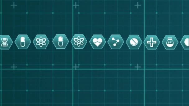 Animación Digital Iconos Ciencia Médica Moviéndose Través Pantalla Fondo Verde — Vídeo de stock