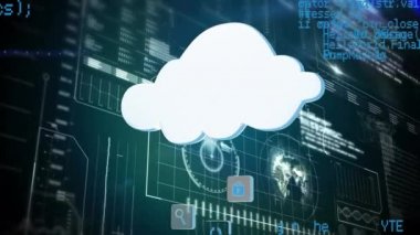 Verileri emen bulut depolama illüstrasyonunun dijital animasyonu. Arka plan grafikler ve istatistikler ile bir ekran.