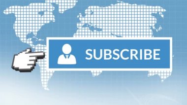 Mavi abone düğmesinin dijital animasyonu ile sosyal medya için ona işaret eden bir el simgesi. Arka plan karelerden yapılmış bir dünya haritası..