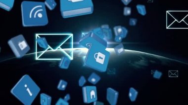 Dünyayı gösteren bir dış uzay arka plan üzerinde internet kodları ve sembollerin dijital animasyon. Arka plan, düşen e-posta simgeleriyle doludur.