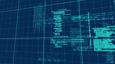 Program kodları ve ızgara çizgileri ile bir ekranın dijital animasyon. Ekran, diğer kodları görüntülemek için odağı farklı bölümlere taşır