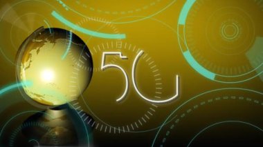 Dönen disk efektleri ile 5g internet hızı yanında dönen bir küredijital animasyon. Arka plan sarı.
