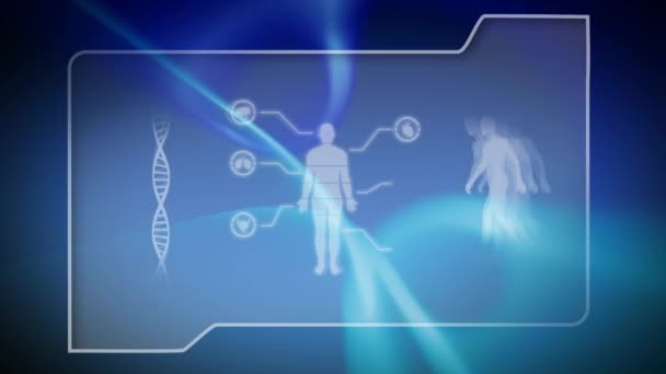 Animation numérique d'un dossier de fichiers avec étude humaine et hélice ADN. Le fond est bleu avec des vagues de lumières incandescentes .