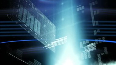 Siyah arka plan üzerinde grafikler ve istatistikler içeren bir ekranın dijital animasyonu. Parlayan ışıklar arka planda.