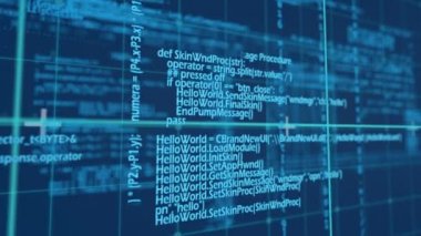 Koyu mavi arka plana karşı ızgara çizgileri olan bir ekranda hızlı çalışan program kodlarının dijital animasyonu.