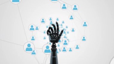 Bağlı profil simgelerinden oluşan bir ağa sahip arka planda dönen bir robot kolunun dijital animasyonu. El yavaşça kapanır ve avucunu açar..
