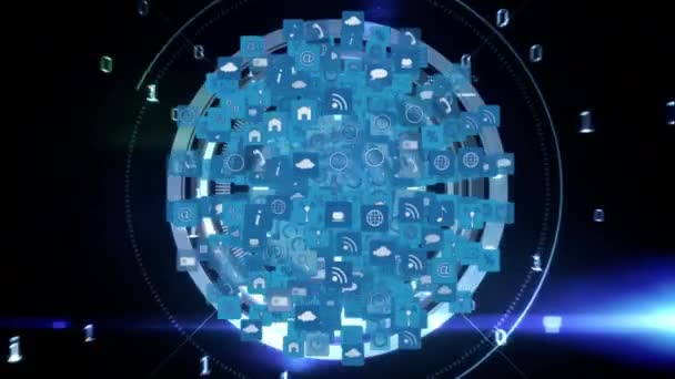 동심원이 배경을 모양의 인터넷 아이콘과 기호의 디지털 애니메이션입니다 코드가 백그라운드에서 — 비디오