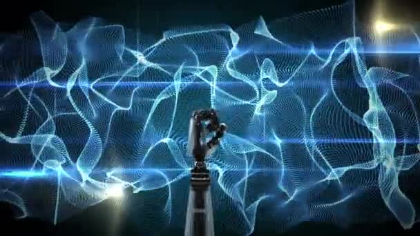 Digitální Animace Otáčení Ruky Robota Modrém Digitálním Abstraktním Pozadí Ruka — Stock video