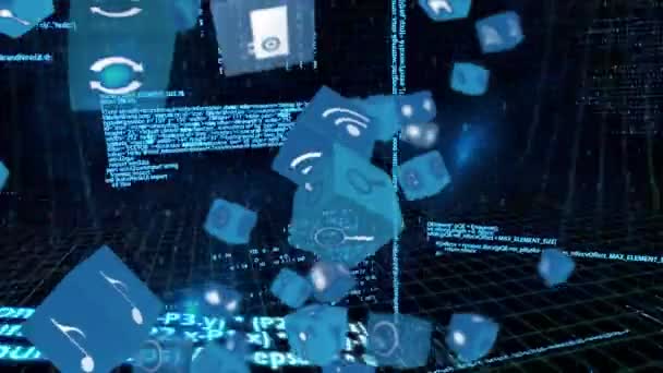 Цифровая Анимация Кубов Иконками Интернета Падающими Фоне Заполненном Программными Кодами — стоковое видео