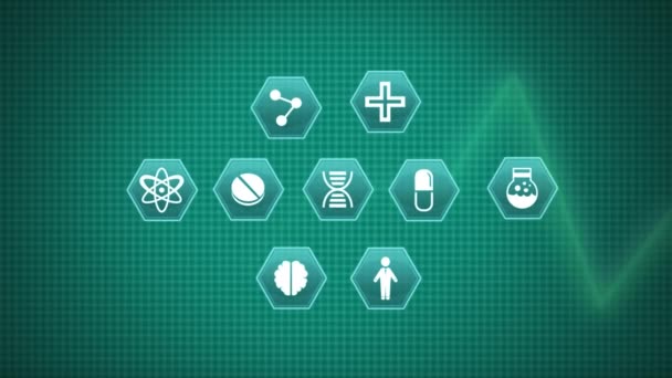 Digitální animace symbolů lékařských věd na zeleném pozadí s blikajícím záchranným lanem. Pozadí je zelené se čtvercovými vzory