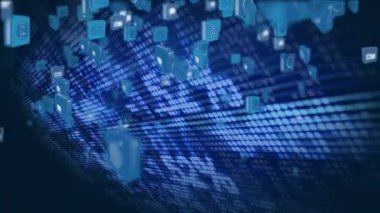 Yukarı uçan internet sembolleri ve simgeleri dijital animasyon. Arka plan, yüzdeleri gösteren dijital işaret panolarıyla doldurulur